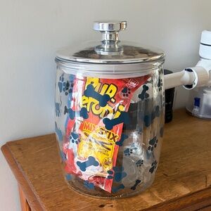 Glass dog treat Jar with Silver Lid and Blue Paw Print Bones